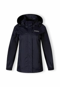 Veste imperméable navy avec capuche, poignets élastiques et fermeture éclair à l'avant. Présente un logo sur la poitrine et une texture légère et lisse.