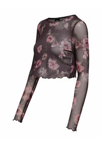 Läpinäkyvä musta kukallinen pitkähihainen paita, jossa on pyöreä pääntie, aaltoileva helma ja vaaleanpunaisia kukkakuvioita. Kevyt kangas ja istuva malli.