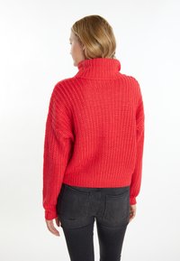 Roter, grob gestrickter Rollkragenpullover mit lockerer Passform, geripptem Kragen und überschnittenen Schultern, kombiniert mit schwarzen, enganliegenden Jeans.