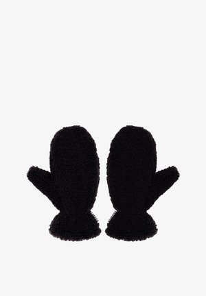 Mitaines noires en matériau doux et moelleux avec une forme arrondie. Présentent un poignet côtelé et une petite étiquette logo sur une des mitaines.