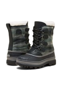 Sorte og grå vandtætte støvler med ternet tekstiloverdel, for i imiteret pels, sekskantede snørehuller og tekstureret gummisål for bedre greb.