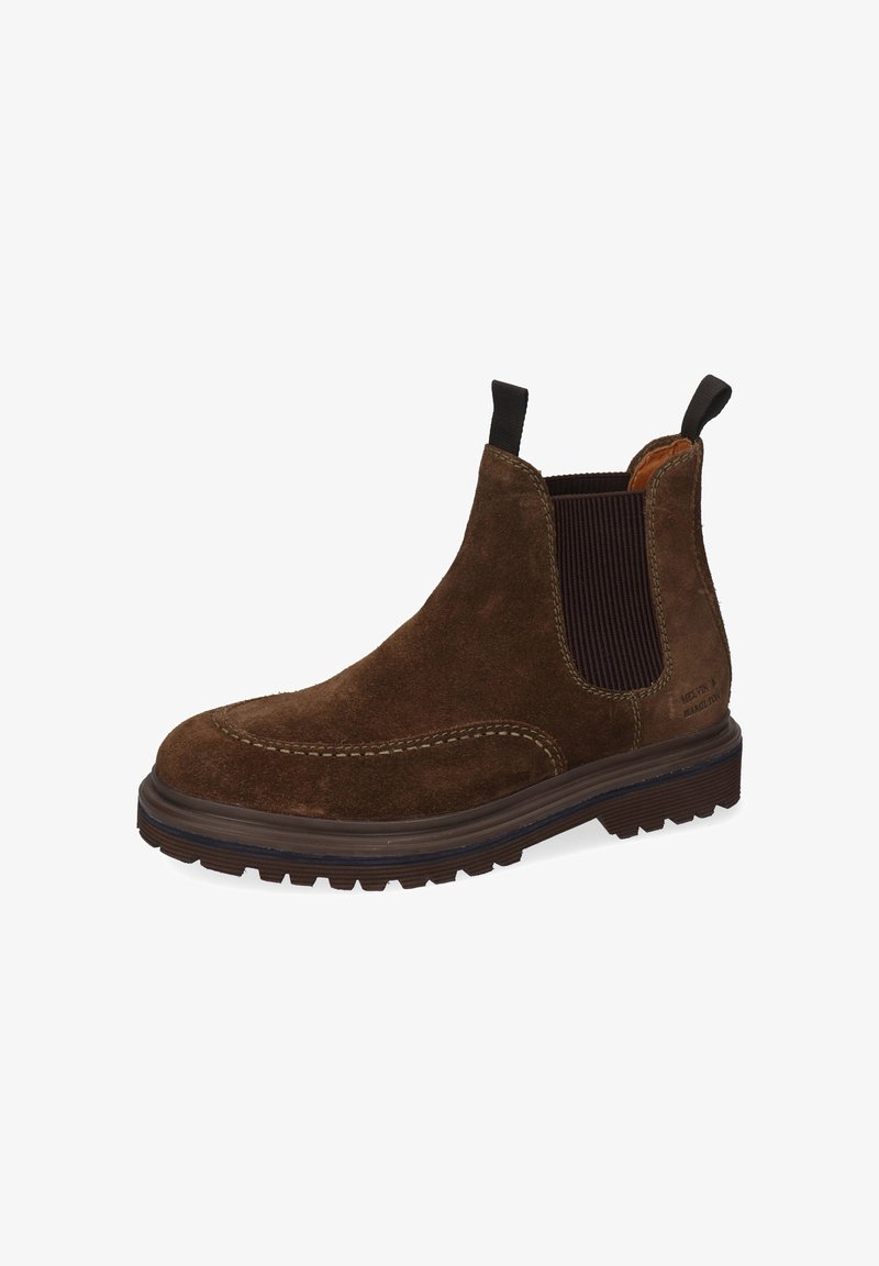 Braune Wildleder Chelsea-Boots mit elastischen seitlichen Einsätzen, Zuglaschen und einer robusten Laufsohle für Trittsicherheit. Kontrastnähte entlang der Kanten.