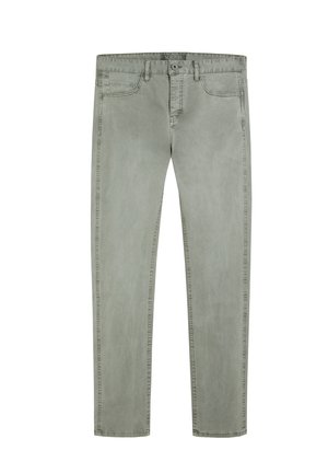 Hellgraue Jeans aus Denim mit geradem Schnitt, ausgestattet mit fünf Taschen und einem Knopfverschluss. Sichtbare Nähte entlang der Nähte.