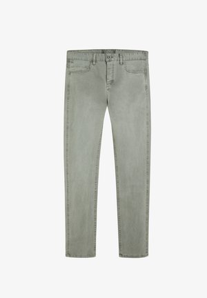 Lysegrå denimjeans med en lige pasform, der har fem lommer og knaplukning. Synlige syninger langs sømmene.