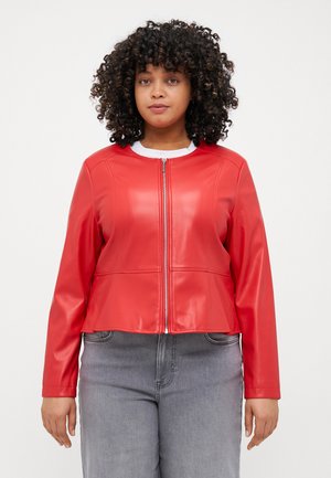 Red faux leather jacket with a round neckline, front zip, and fitted design. Features smooth texture and seam details.