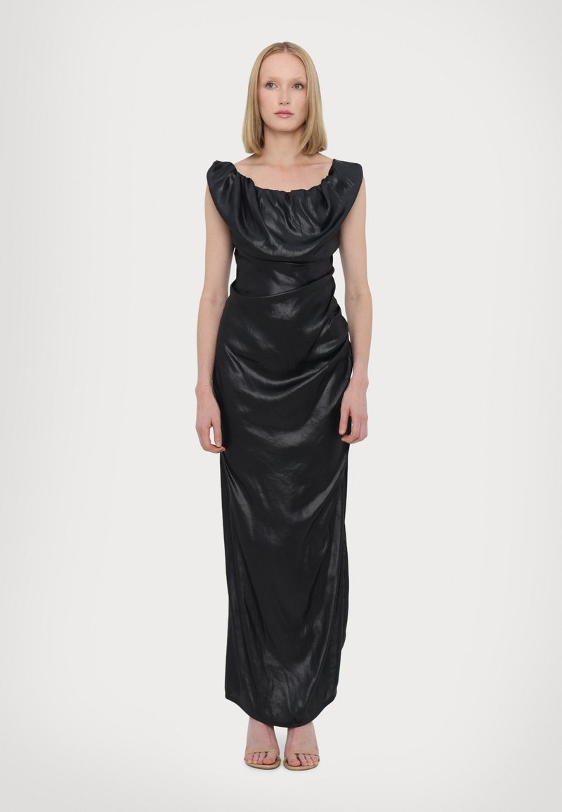 Black, glossy maxi dress with a draped cowl neckline and fitted silhouette. Smooth texture, ankle-length design, and no visible patterns or accents.