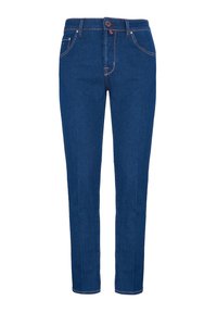 jeans in denim con una tonalità blu scuro, design aderente, gambe dritte, stile a cinque tasche e cuciture arancioni a contrasto. Chiusura con bottone e zip.