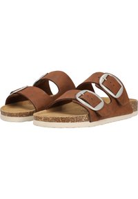 Bruine leren sandalen met twee verstelbare zilveren gespen, open teenontwerp, kurken voetbed en een witte rubberen zool.