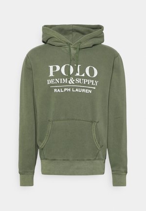 Felpa verde oliva con tasca a marsupio frontale, cappuccio con cordino e testo stampato bianco che recita "POLO DENIM & SUPPLY RALPH LAUREN."