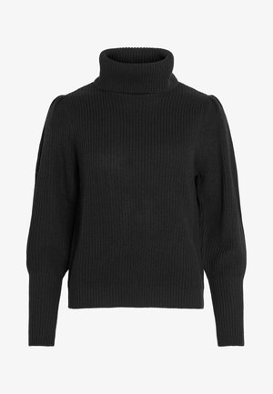 Black knitted sweater with a high, ribbed neckline. Features dropped shoulders and ribbed cuffs at the long sleeves, textured fabric.