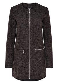 Dunkelgrauer Mantel aus Wollmischung mit rundem Ausschnitt, Frontreißverschluss und zwei seitlichen Reißverschlusstaschen. Glatte Textur, mittellanges Design.