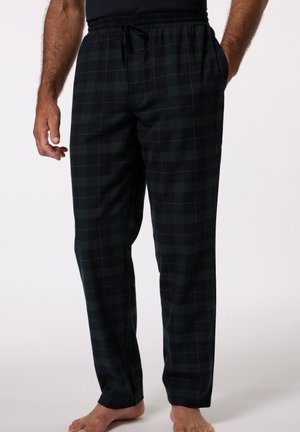 Pantalons de pyjama pour hommes à carreaux vert foncé, avec une taille élastique, un cordon de serrage et des poches latérales. Texture de tissu tissé douce.
