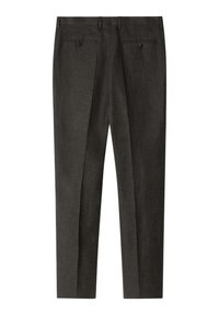 Tamnosive formalne hlače s petljama za remen, dva stražnja džepa s gumbima i nabranim naborima duž nogu, prikazane s leđa.