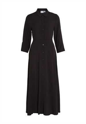 Zwarte button-up jurk met een kraag, driekwartmouwen, een getailleerde taille en een vloeiende rok. Gemaakt van een zachte, gestructureerde stof.