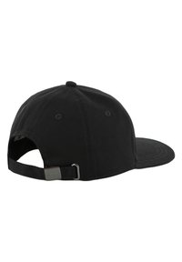 Casquette de baseball en coton noir avec un visière incurvée, sangle réglable à l'arrière et accent logo métallique. Comprend des œillets de ventilation.