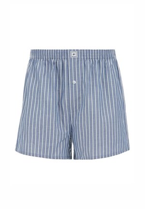 Gestreepte blauwe boxers van katoen. Voorzien van een elastische tailleband, knoopsluiting en verticale witte strepen op een lichtblauwe achtergrond.