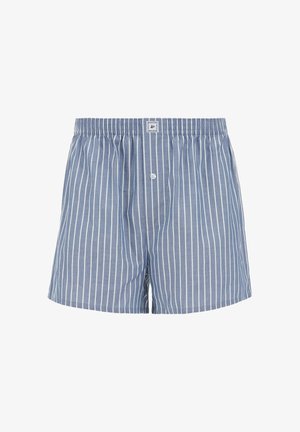 Gestreepte blauwe boxers van katoen. Voorzien van een elastische tailleband, knoopsluiting en verticale witte strepen op een lichtblauwe achtergrond.