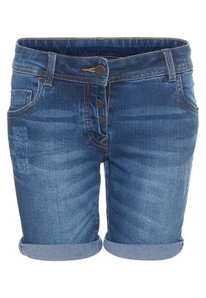 Blå denimshorts med opbukket kant, knaplukning, forlommer og subtile falmede og slidte områder på benene.