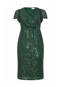 Vihreä paljeteilla koristeltu mekko, jossa on V-mallinen kaula-aukko, lepattelevat hihat ja vyötärölle istuva siluetti. Takana vetskari kiinnitys ja teksturoitu kuvio koko mekossa.