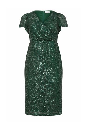 Groene paillettenjurk met een V-halslijn, fladdermouwen en een aansluitende silhouet. Achterste ritssluiting en gestructureerd patroon over de hele jurk.