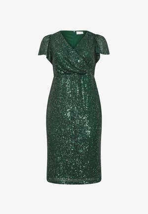 Groene paillettenjurk met een V-halslijn, fladdermouwen en een aansluitende silhouet. Achterste ritssluiting en gestructureerd patroon over de hele jurk.