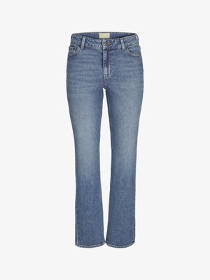 Keskmiselt sinised sirged teksapüksid, millel on ees nupuga ja lukuga sulgemine, vöörihmade augud ning ees ja taga taskud.