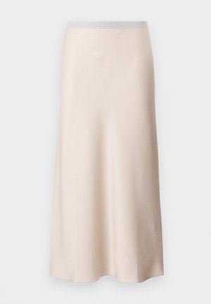 Lys beige midi skjørt med en glatt, satin-lignende overflate og et lyst grått elastisk liv. Utsvingt design som smalner mot nederkanten.