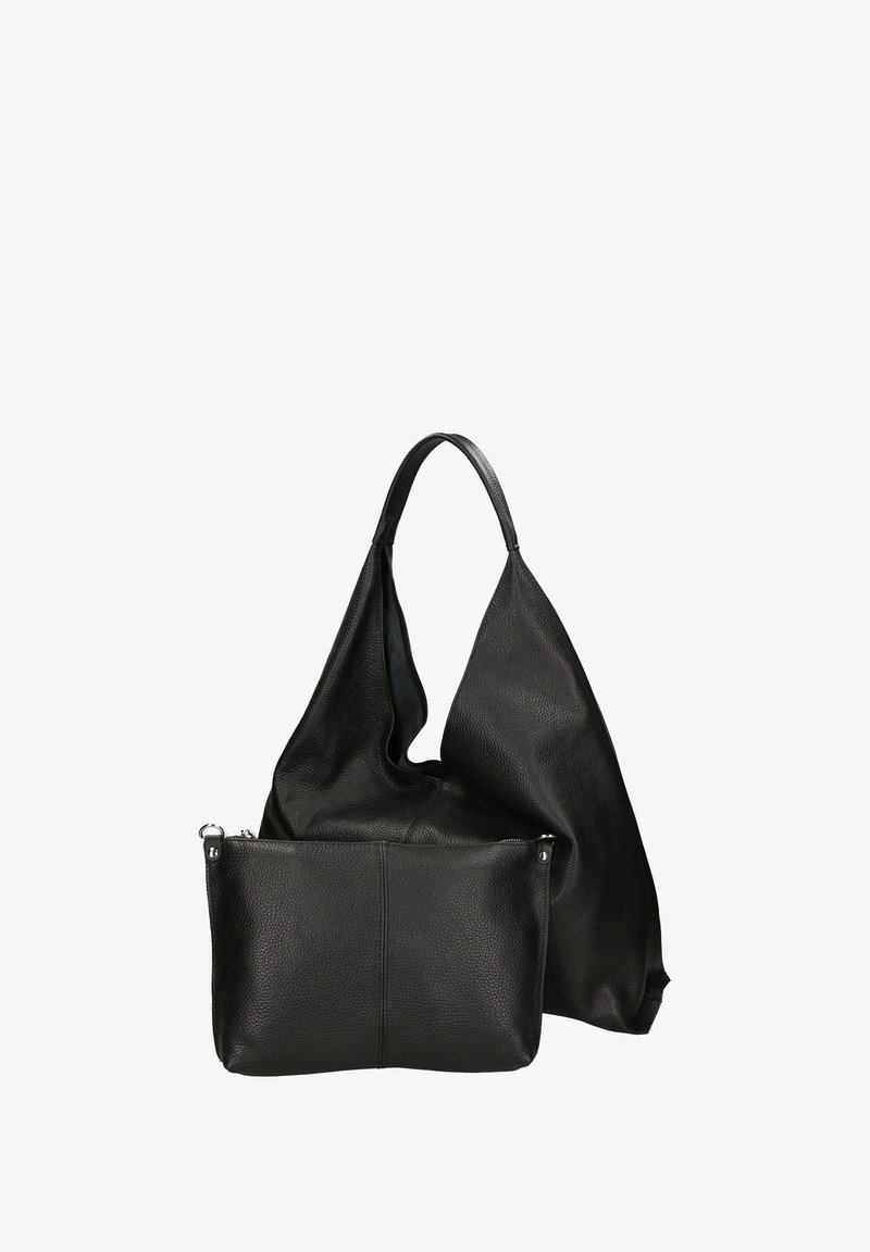 Borsa in pelle nera con finitura testurizzata, dotata di un ampio scomparto principale e di una piccola tasca con zip sulla parte anteriore. Design con manico curvo.