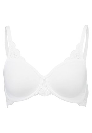 White bra with smooth cups, lace detailing along edges, adjustable straps, and a subtle decorative accent at the center front.