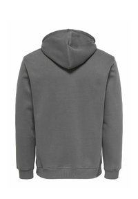 Sweat à capuche gris foncé uni vu de dos, avec manches longues, capuche, et bords élastiques aux poignets et à l'ourlet.