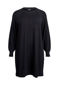 Black knit oversized sweater dress with a round neckline, long raglan sleeves, and ribbed cuffs and hem. Soft texture and relaxed fit.