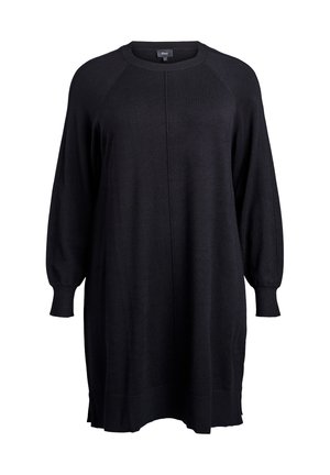 Zwarte gebreide oversized trui-jurk met een ronde halslijn, lange raglanmouwen en geribbelde manchetten en zoom. Zachte textuur en een relaxte pasvorm.