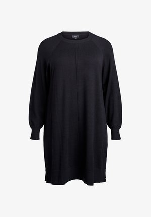 Robe pull oversized en tricot noir avec un col rond, de longues manches raglan et des poignets et un ourlet côtelés. Texture douce et coupe décontractée.