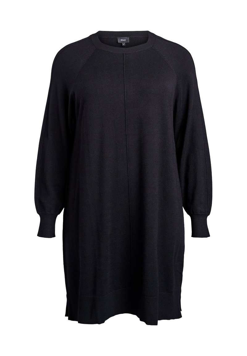 Black knit oversized sweater dress with a round neckline, long raglan sleeves, and ribbed cuffs and hem. Soft texture and relaxed fit.