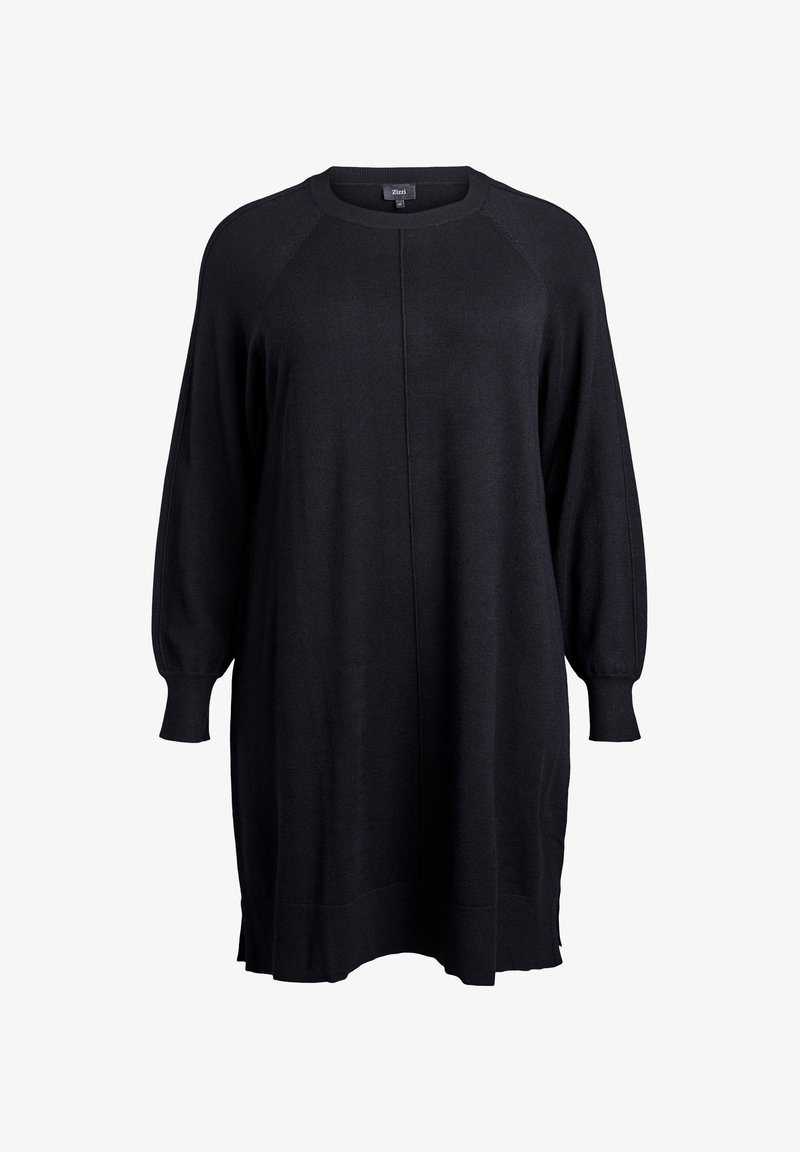 Schwarzes, übergroßes Strickkleid mit rundem Halsausschnitt, langen Raglanärmeln sowie gerippten Bündchen und Saum. Weicher Stoff und entspannte Passform.