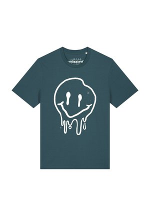 T-shirt manches courtes bleu sarcelle foncé avec un motif blanc d’un smiley fondant sur le devant.