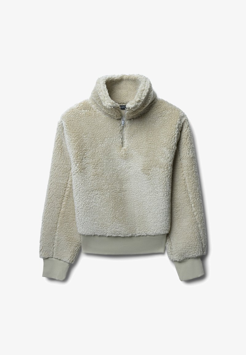 Pullover beige e peloso realizzato in tessuto morbido e testurizzato. Presenta un collo alto, chiusura con zip a metà e polsini e orlo a coste per una vestibilità aderente.
