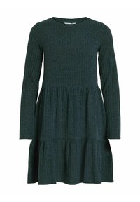 Robe longue à manches longues, de couleur vert foncé, à étages et longueur genou, avec un motif texturé subtil et un col rond.