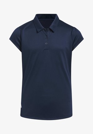 Námořnická modrá polokošile s krátkým rukávem, tři knoflíky na límci a hladkou texturou. Má zakřivený lem a diskrétní logo na boku.