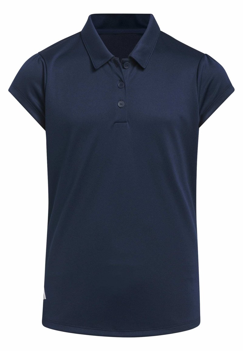 Navyblauwe polo met korte mouwen, drie knopen bij de kraag en een gladde textuur. Bevat een afgeronde zoom en een subtiel logo aan de zijkant.