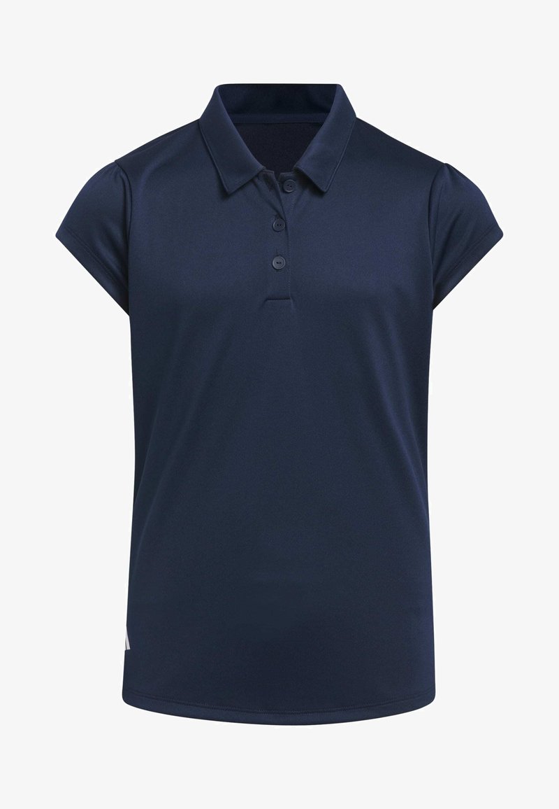 Navyblauwe polo met korte mouwen, drie knopen bij de kraag en een gladde textuur. Bevat een afgeronde zoom en een subtiel logo aan de zijkant.