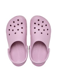 Pink resin clogs with ventilation holes, textured footbed, rear heel strap, and smooth finish. Lightweight and easy to clean.