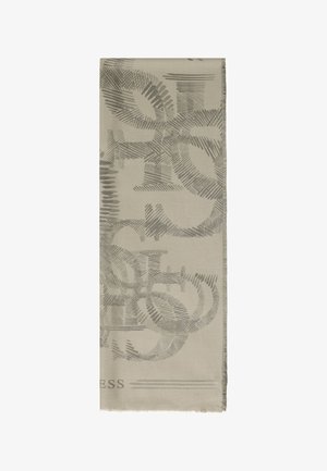 Beiger rechteckiger Schal mit überlappenden dunkelgrauen abstrakten Pinselstrichmustern und teilweise sichtbarem Text an einem Rand.