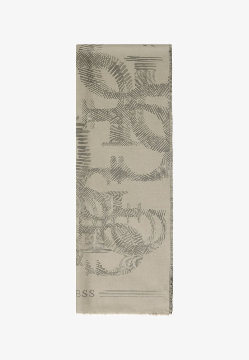 Écharpe rectangulaire beige avec des motifs de coups de pinceau abstraits gris foncé qui se superposent et un texte partiellement visible près d'un bord.