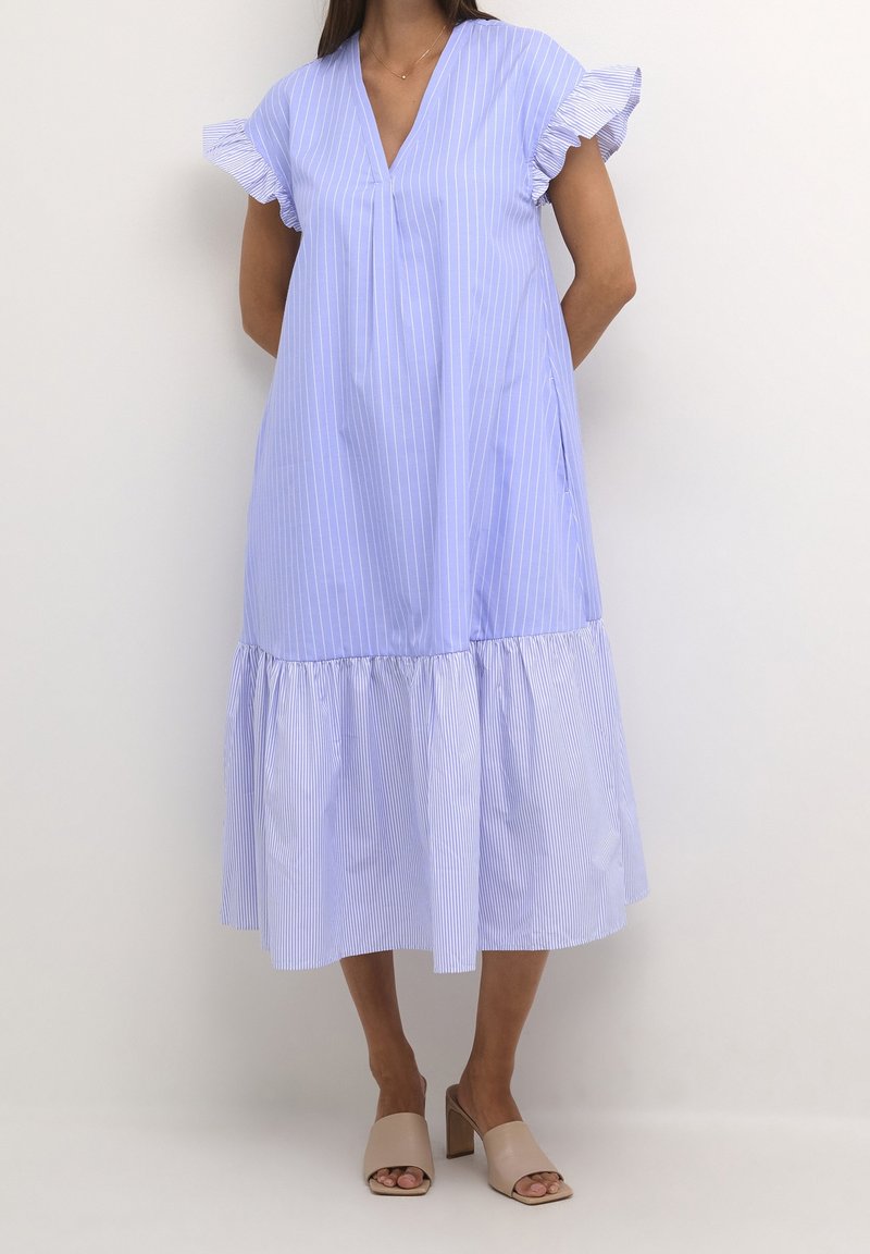 Light blue striped dress with a pleated front, flutter sleeves, and a tiered, ruffled hem. Smooth fabric with a flowy silhouette.