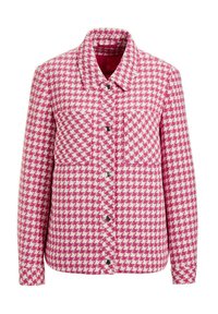 Jacke mit pinkem und weißem Hahnentrittmuster, Kragen, langen Ärmeln, zwei Fronttaschen und silbernen Druckknöpfen zum Verschließen.