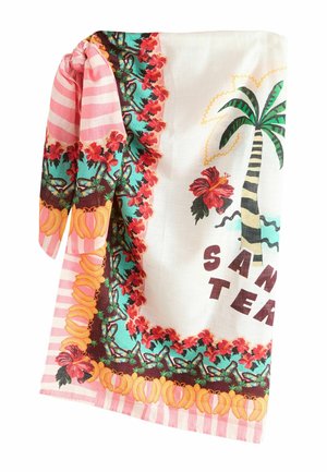 Lichte stof met tropisch design met palmboom, hibiscusbloemen, kleurrijke randen en gedeeltelijke tekst "Santa Tea".