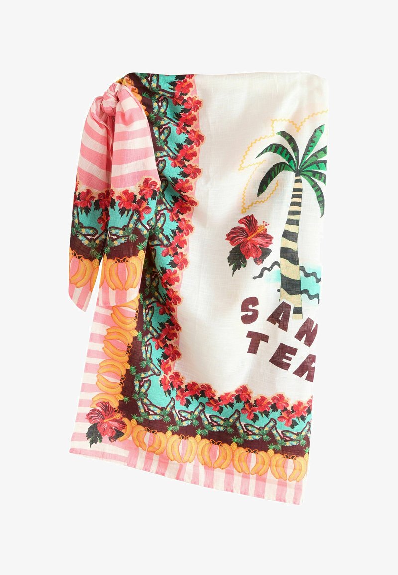 Tissu léger avec un design tropical comprenant un palmier, des fleurs d'hibiscus, des bordures colorées et un texte partiel « Santa Tea ».