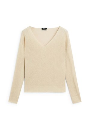 Beige gestrickter Pullover mit V-Ausschnitt, langen Ärmeln und geripptem Saum. Weiche Textur und lässige Passform, geeignet zum Übereinandertragen.