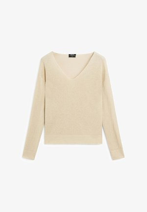 Beige gestrickter Pullover mit V-Ausschnitt, langen Ärmeln und geripptem Saum. Weiche Textur und lässige Passform, geeignet zum Übereinandertragen.